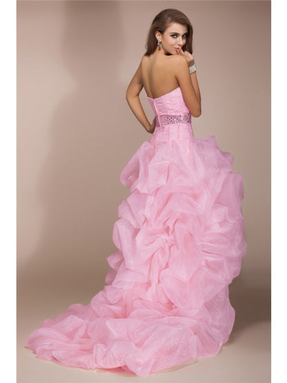 A-Line/Princess Sweetheart Sleeveless High Low Beading Organza Dresses