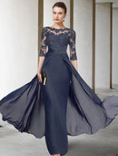 Sheath / Column Mother of the Bride Dress Plus Size Elegant Jewel Neck V Neck Floor Length Chiffon Lace Half Sleeve with Ruched Appliques