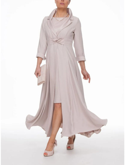 Two Piece Sheath / Column Mother of the Bride Dress Wedding Guest Party Elegant Winter With Jacket 3/4 Sleeve Shirt Collar Ankle Length Chiffon Pleats Solid Color