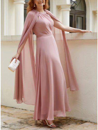 A-Line Mother of the Bride Dress Wedding Guest Elegant Jewel Neck Ankle Length Chiffon Sleeveless with Ruching Solid Color