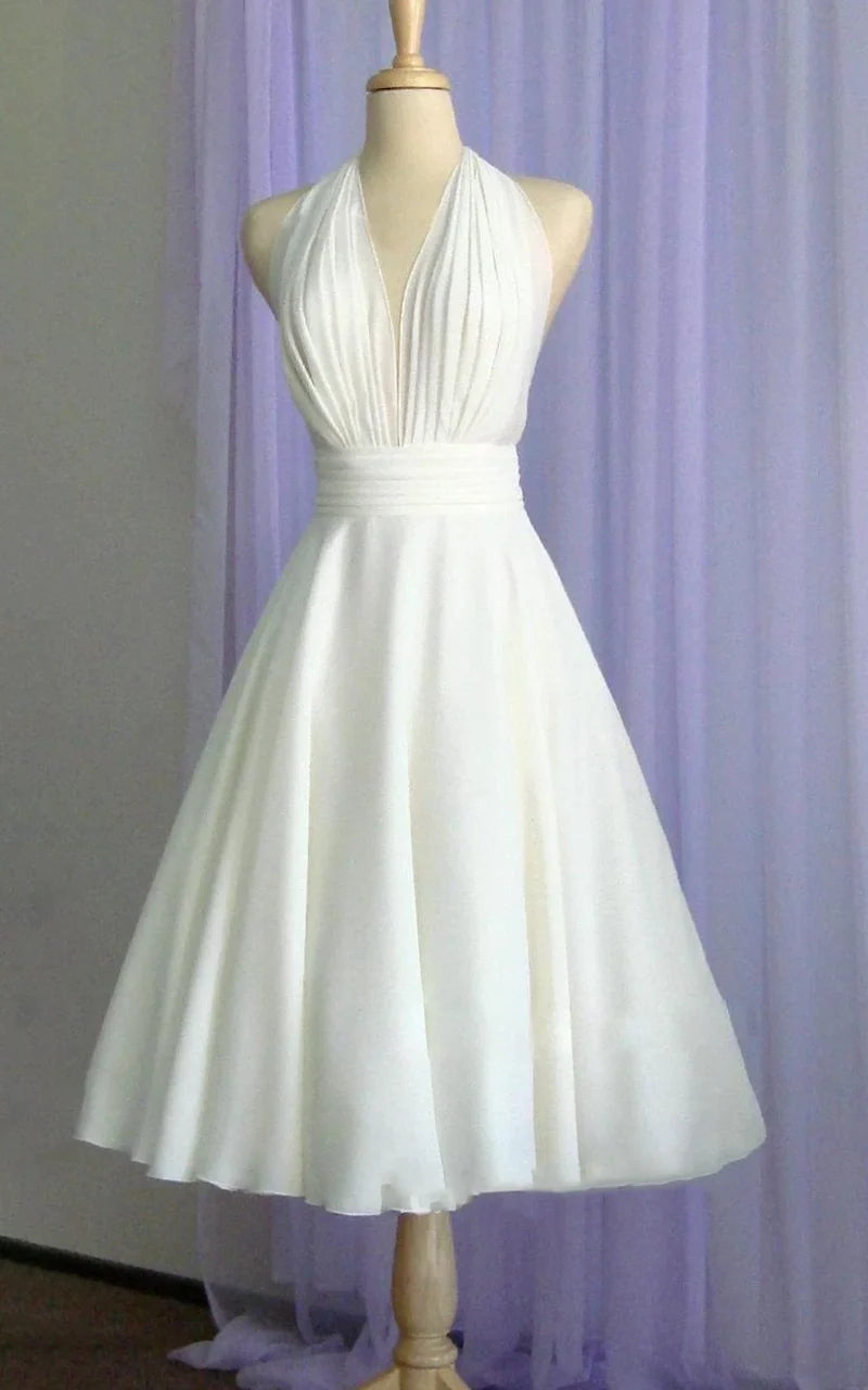 Wedding Dress Vintage Tea-Length Chiffon With Halter Neck and Bow