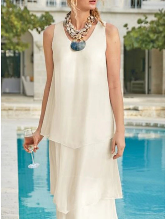 Mother of the Bride Dress Wedding Guest Elegant Simple V Neck Ankle Length Chiffon Sleeveless with Solid Color