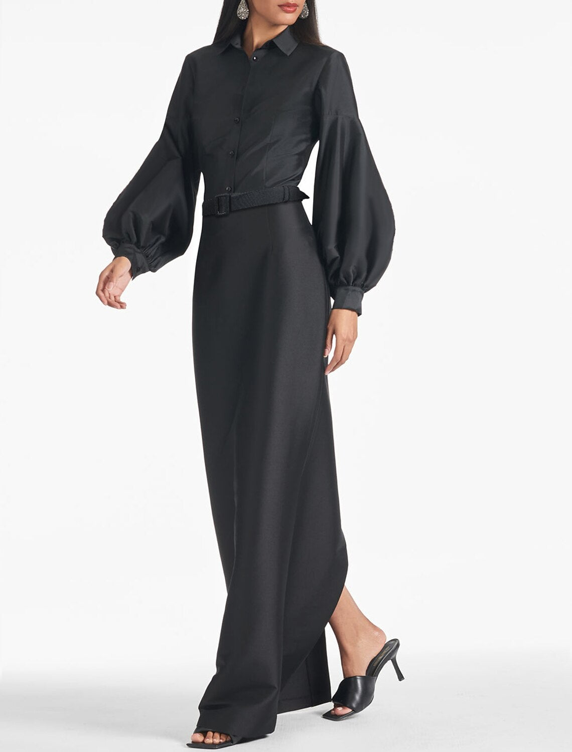 Mermaid / Trumpet Evening Gown Elegant Black Dress Formal Fall Floor Length Long Sleeve Shirt Collar Satin with Strappy