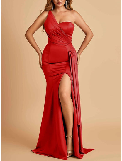 A-Line Evening Gown High Split Dress Formal Sweep / Brush Train Sleeveless One Shoulder Satin with Pleats Slit