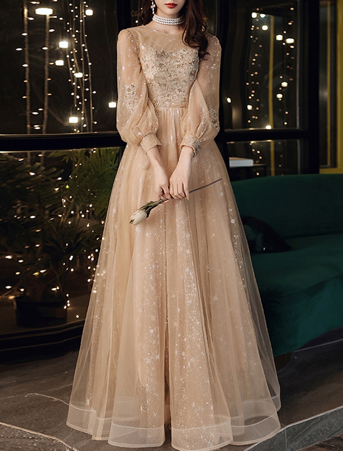 A-Line Prom Dresses Cute Dress Wedding Guest Party Wear Floor Length Long Sleeve Jewel Neck Tulle with Sequin Appliques