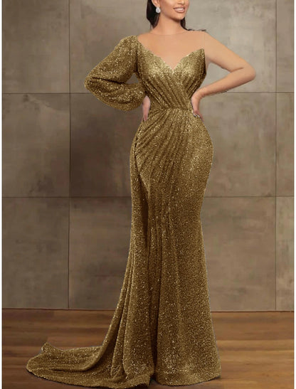 Mermaid / Trumpet Evening Gown Elegant Christmas Dress Formal Court Train Long Sleeve Illusion Neck Sequined with Pleats Sequin