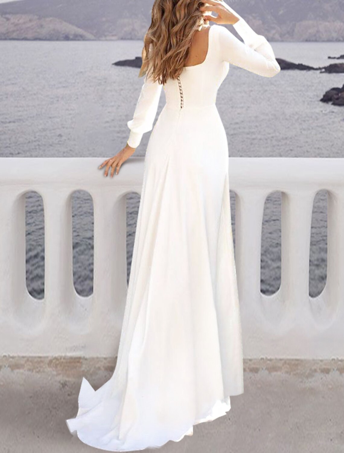 Beach Casual Fall Wedding Dresses A-Line Square Neck Long Sleeve Sweep / Brush Train Chiffon Bridal Gowns With Solid Color