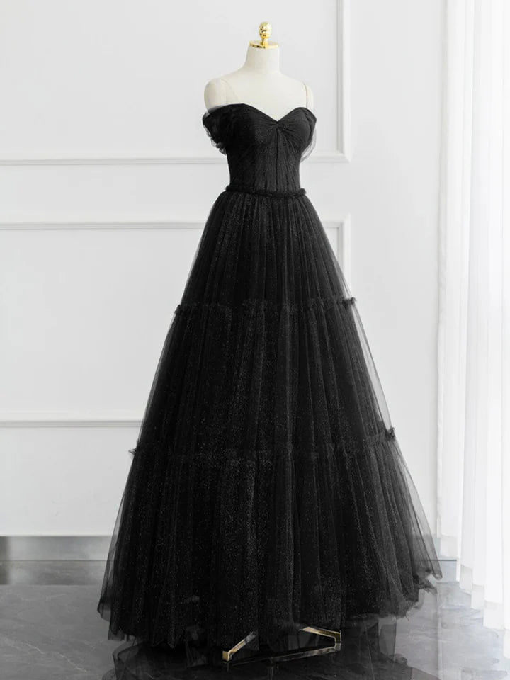 A-line Evening Dress Off Shoulder Tulle Shiny Long Formal Dress