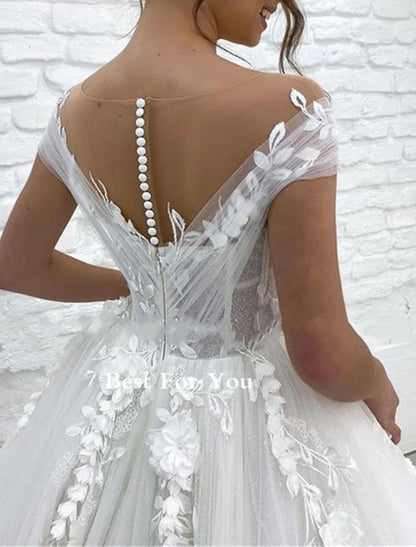 Formal Wedding Dresses Ball Gown V Neck Cap Sleeve Chapel Train Lace Bridal Gowns With Appliques