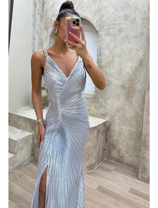 Mermaid / Trumpet Prom Dresses Sparkle Dress Formal Evening Party Sweep / Brush Train Sleeveless V Neck Spandex with Rhinestone Pleats Slit