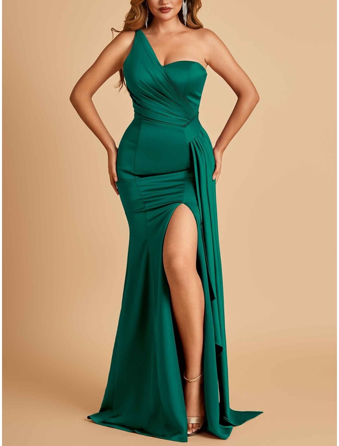 A-Line Evening Gown High Split Dress Formal Sweep / Brush Train Sleeveless One Shoulder Satin with Pleats Slit