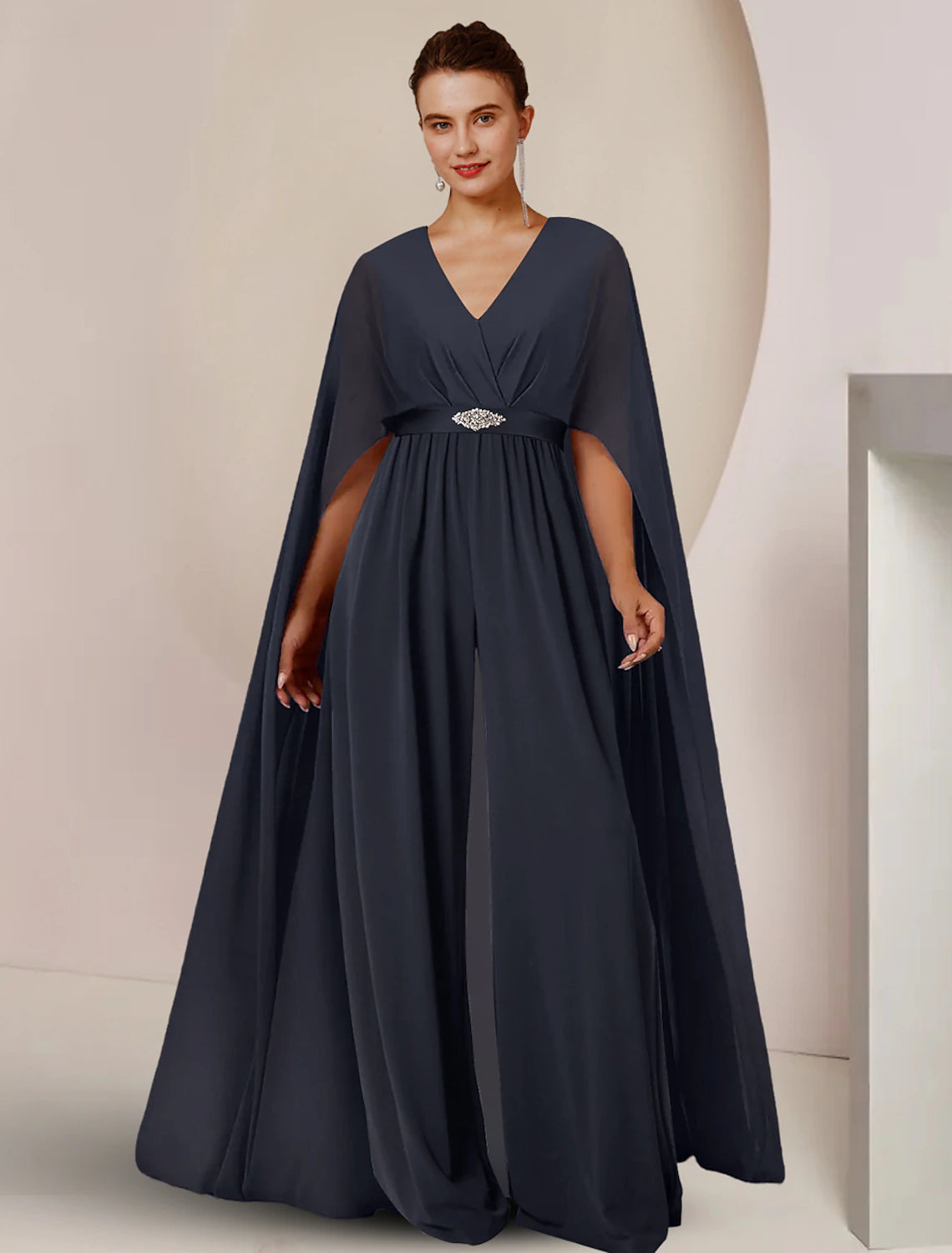 Jumpsuits Mother of the Bride Dress Formal Wedding Guest Party Elegant V Neck Floor Length Chiffon Sleeveless with Crystal Brooch