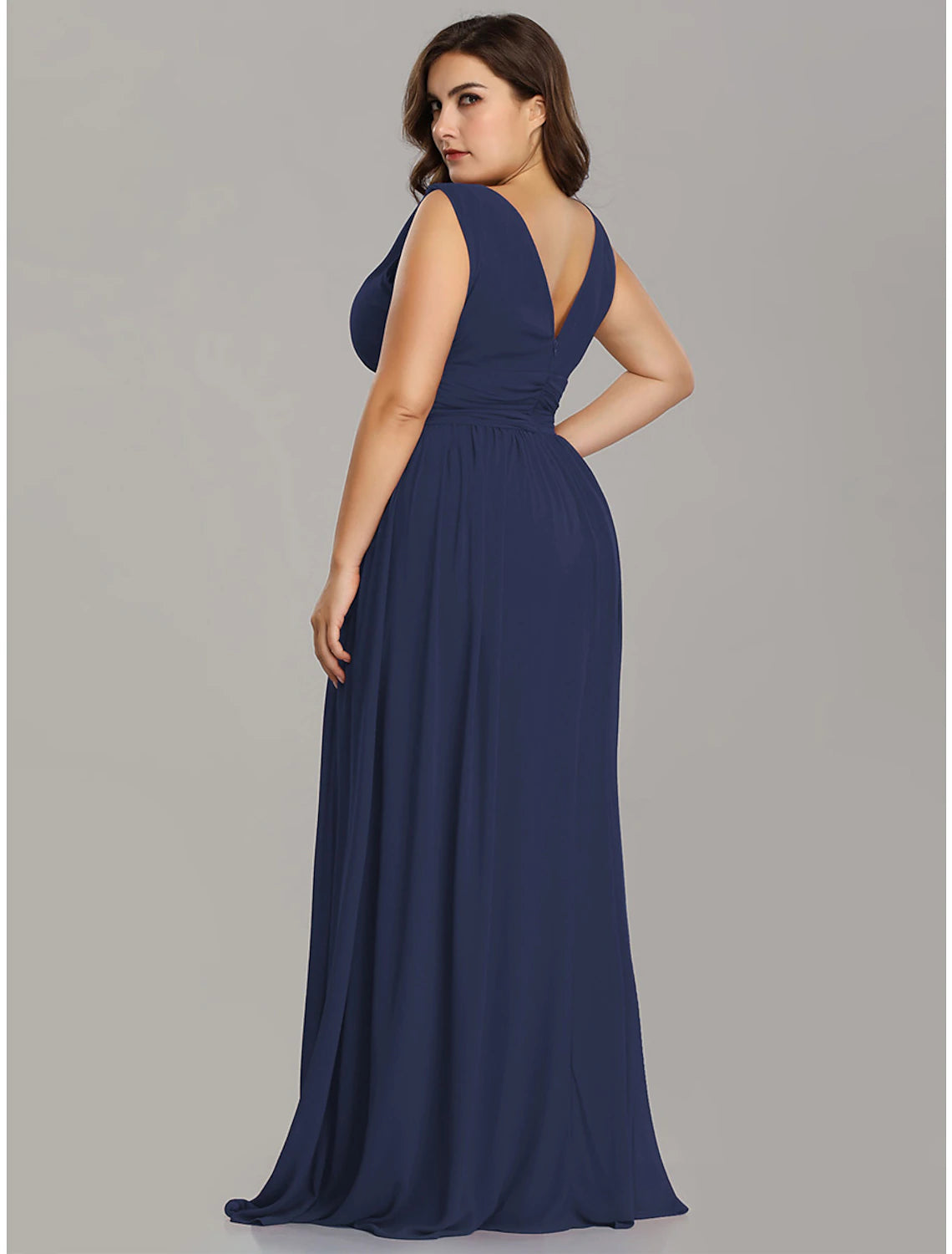 A-Line Plus Size Wedding Guest Formal Evening Dress V Neck V Back Sleeveless Floor Length Chiffon with Pleats