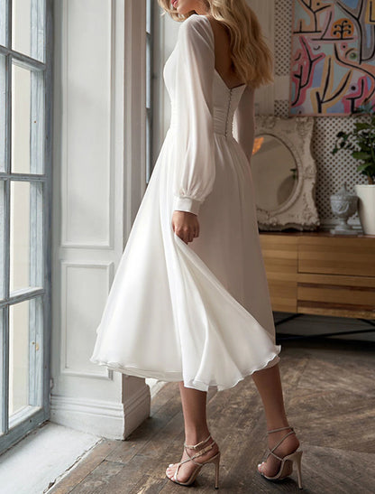 Bridal Shower Little White Dresses Fall Wedding Dresses A-Line Sweetheart Long Sleeve Tea Length Chiffon Bridal Gowns With Ruched Split Front