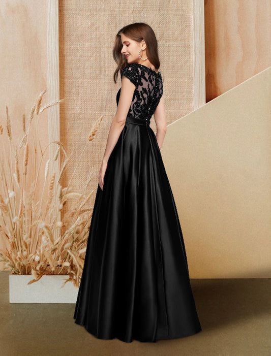 A-Line Evening Gown Luxurious Dress Wedding Guest Engagement Floor Length Short Sleeve Jewel Neck Pocket Satin with Beading Lace Insert Pocket