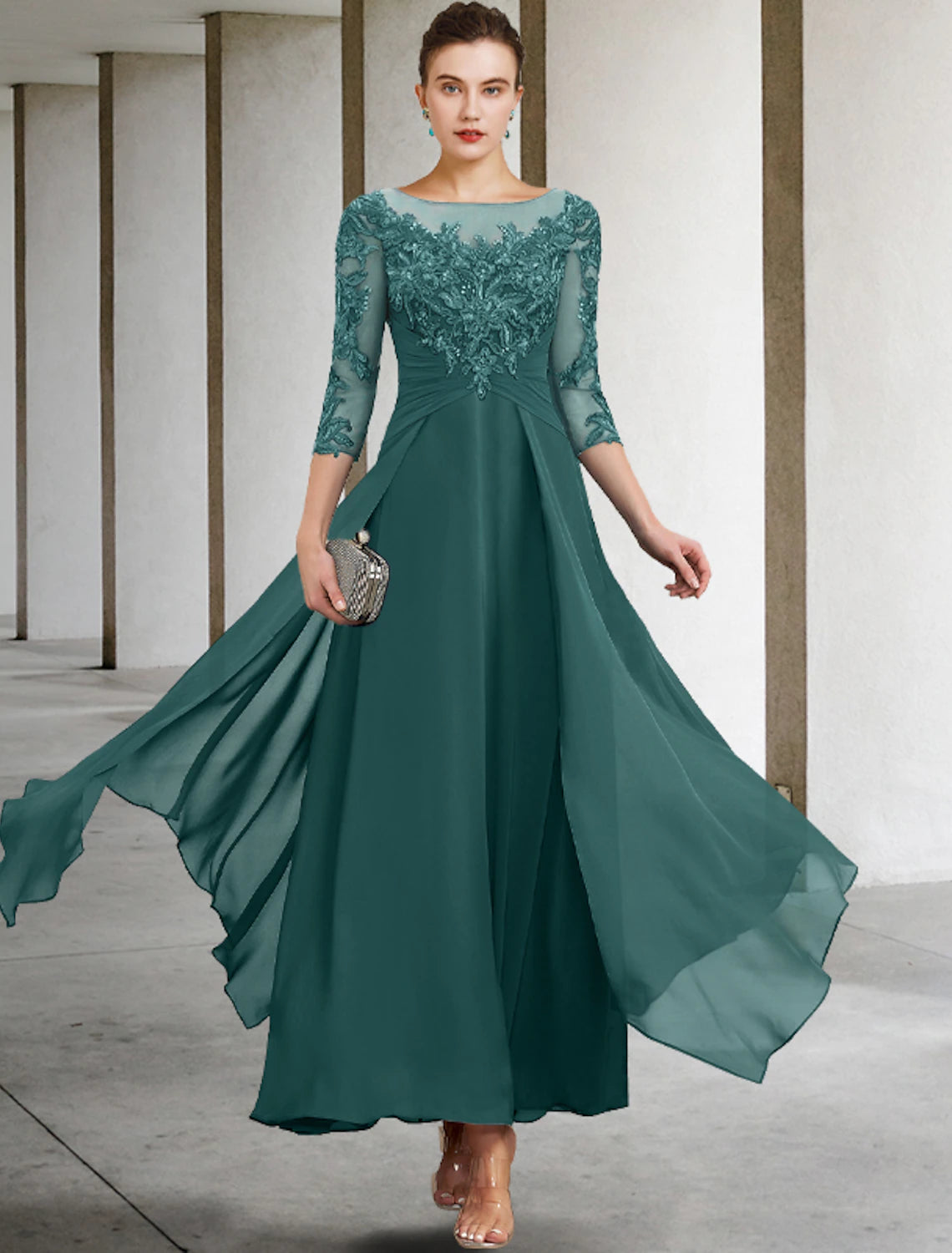 A-Line Mother of the Bride Dress Fall Wedding Guest Plus Size Elegant Jewel Neck Ankle Length Chiffon Lace 3/4 Length Sleeve with Ruched Sequin Appliques