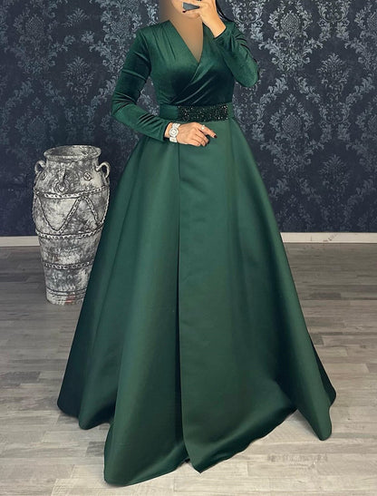 A-Line Evening Gown Elegant Dress Formal Christmas Floor Length Long Sleeve V Neck Satin with Rhinestone Ruched