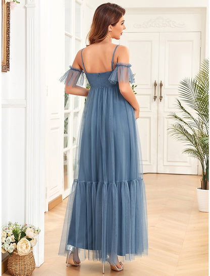 A-Line Evening Gown Maternity Dress Party Wear Wedding Guest Floor Length Sleeveless Spaghetti Strap Tulle with Ruched