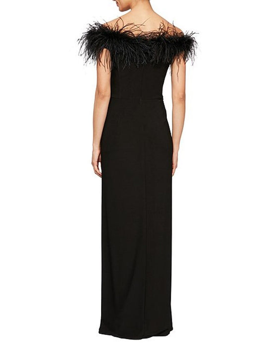 Sheath / Column Elegant Formal Evening Dress Off Shoulder Short Sleeve Floor Length Stretch Satin with Feathers / Fur Draping