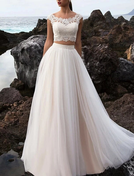 Hall Casual Wedding Dresses Separates Illusion Neck Cap Sleeve Separates Lace Bridal Tops Bridal Gowns With Appliques