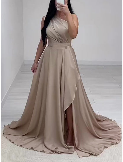 A-Line Evening Gown Elegant Dress Formal Chapel Train Sleeveless One Shoulder Charmeuse with Pleats Slit