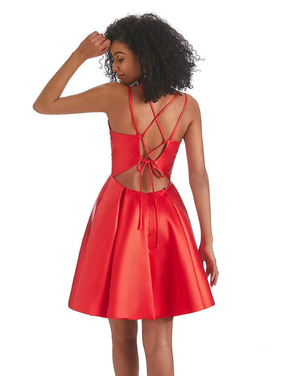 A-Line Homecoming Dresses Backless Dress Holiday Birthday Short / Mini Sleeveless V Neck Satin with Pleats