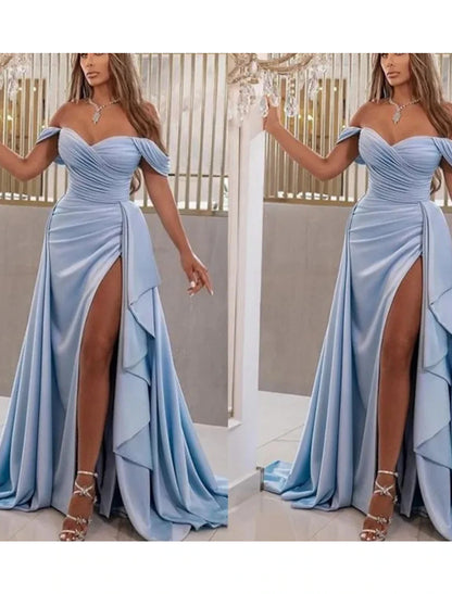 A-Line Prom Dresses High Split Dress Wedding Guest Prom Sweep / Brush Train Sleeveless Sweetheart Satin with Slit