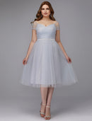 A-Line Elegant Dress Wedding Guest Cocktail Party Tea Length Short Sleeve Off Shoulder Tulle with Sash / Ribbon Cross Evening Dresses