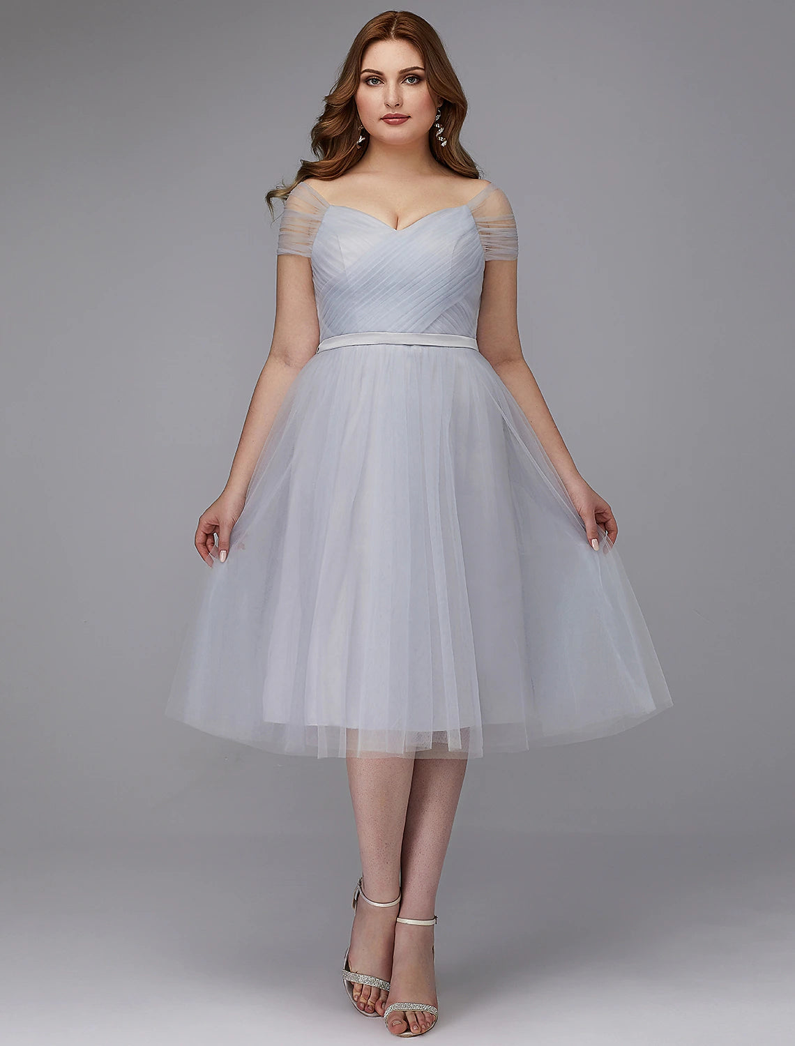 A-Line Elegant Dress Wedding Guest Cocktail Party Tea Length Short Sleeve Off Shoulder Tulle with Sash / Ribbon Criss Cross