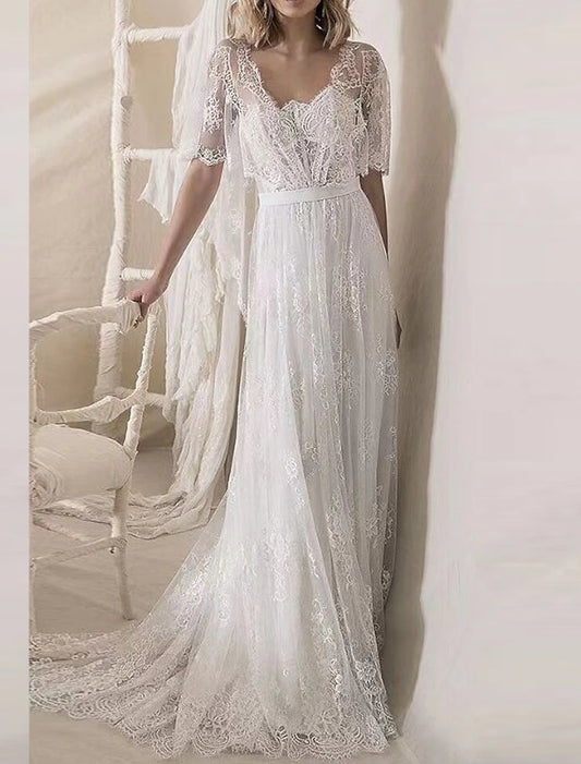 A-Line Wedding Dresses Ankle Length Vintage Little White Dresses Long Sleeve V Neck Chiffon With Solid Color Bridal Gowns