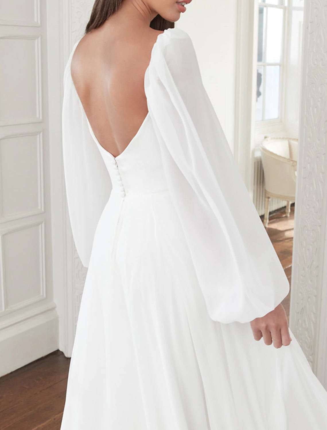 Hall Casual Wedding Dresses A-Line Square Neck Long Sleeve Court Train Chiffon Bridal Gowns With Bow(s) Solid Color