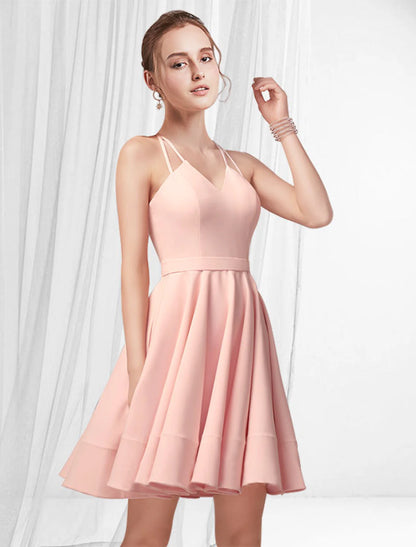 A-Line Cocktail Dresses Reformation Amante Dress Homecoming Party Wear Short / Mini Sleeveless Spaghetti Strap Pink Dress Satin with Pleats