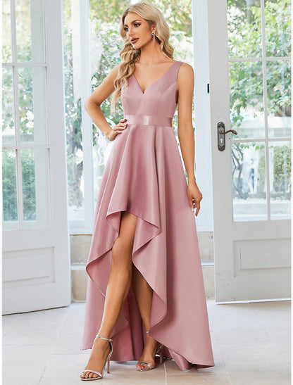 A-Line Wedding Guest Dresses Casual Dress Party Wear Wedding Party Asymmetrical Sleeveless V Neck Satin with Ruffles Pure Color