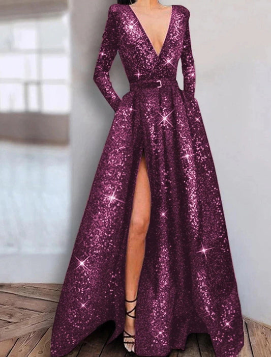 A-Line Prom Dresses Sparkle Dress Wedding Guest Engagement Floor Length Long Sleeve V Neck Stretch Satin with Sequin Slit