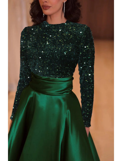 A-Line Evening Gown Sparkle Christmas Red Green Dress Formal Cocktail Party Court Train Long Sleeve High Neck Fall Wedding Guest Satin with Sequin