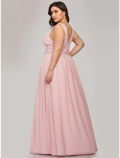 A-Line Plus Size Wedding Guest Formal Evening Dress V Neck V Back Sleeveless Floor Length Chiffon with Pleats