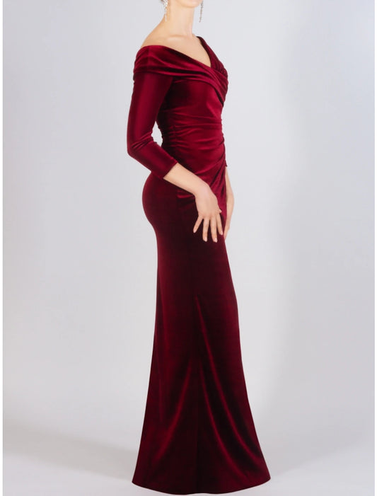 Sheath / Column Mother of the Bride Dress Wedding Guest Elegant Off Shoulder Floor Length Velvet 3/4 Length Sleeve with Split Front Ruching