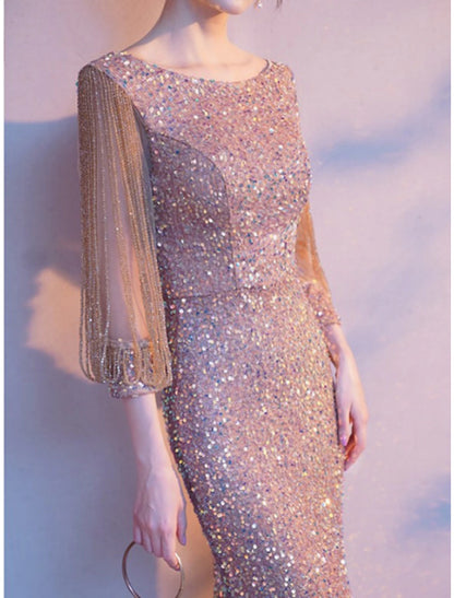 Mother of the Bride Dress Elegant Sparkle & Shine Petite Jewel Neck Floor Length Sequined 3/4 Length Sleeve with