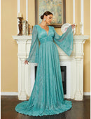 A-Line Evening Gown Elegant Dress Formal Court Train Long Sleeve V Neck Sequined with Glitter Pleats