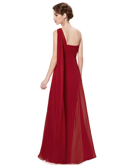 A-Line Evening Gown Empire Dress Formal Evening Floor Length Sleeveless One Shoulder Bridesmaid Dress Chiffon Backless with Pleats Draping