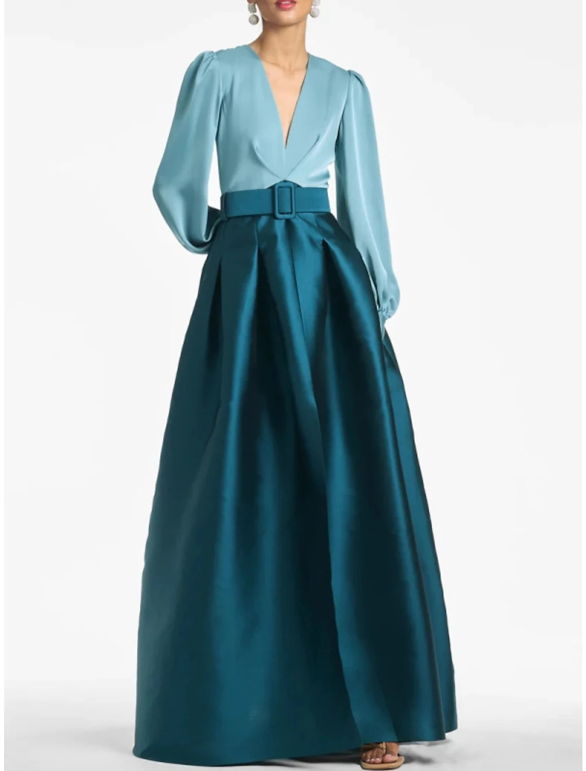 Blue Formal Satin A-Line Long Sleeve Evening Gown High Split wedding guest Dress Fall wedding Floor Length color contrast V Neck Belt / Sash Navy with Pleats Slit