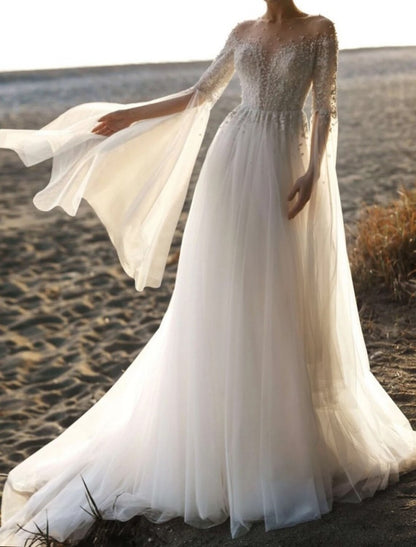 Beach Boho Wedding Dresses A-Line Illusion Neck Long Sleeve Court Train Tulle Bridal Gowns With Beading Appliques