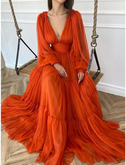 A-Line Evening Gown Elegant Dress Christmas Red Green Dress Formal Wedding Guest Floor Length Long Sleeve V Neck Chiffon with Ruched