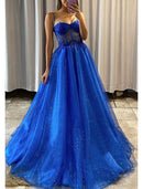 A-Line Prom Dresses Glittering Dress Formal Wedding Party Floor Length Sleeveless Spaghetti Strap Tulle Backless with Pleats Appliques