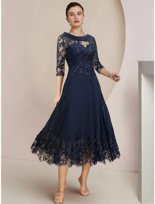 A-Line Mother of the Bride Dress Wedding Guest Elegant Petite Scoop Neck Tea Length Chiffon Lace Half Sleeve with Sequin Ruching Solid Color