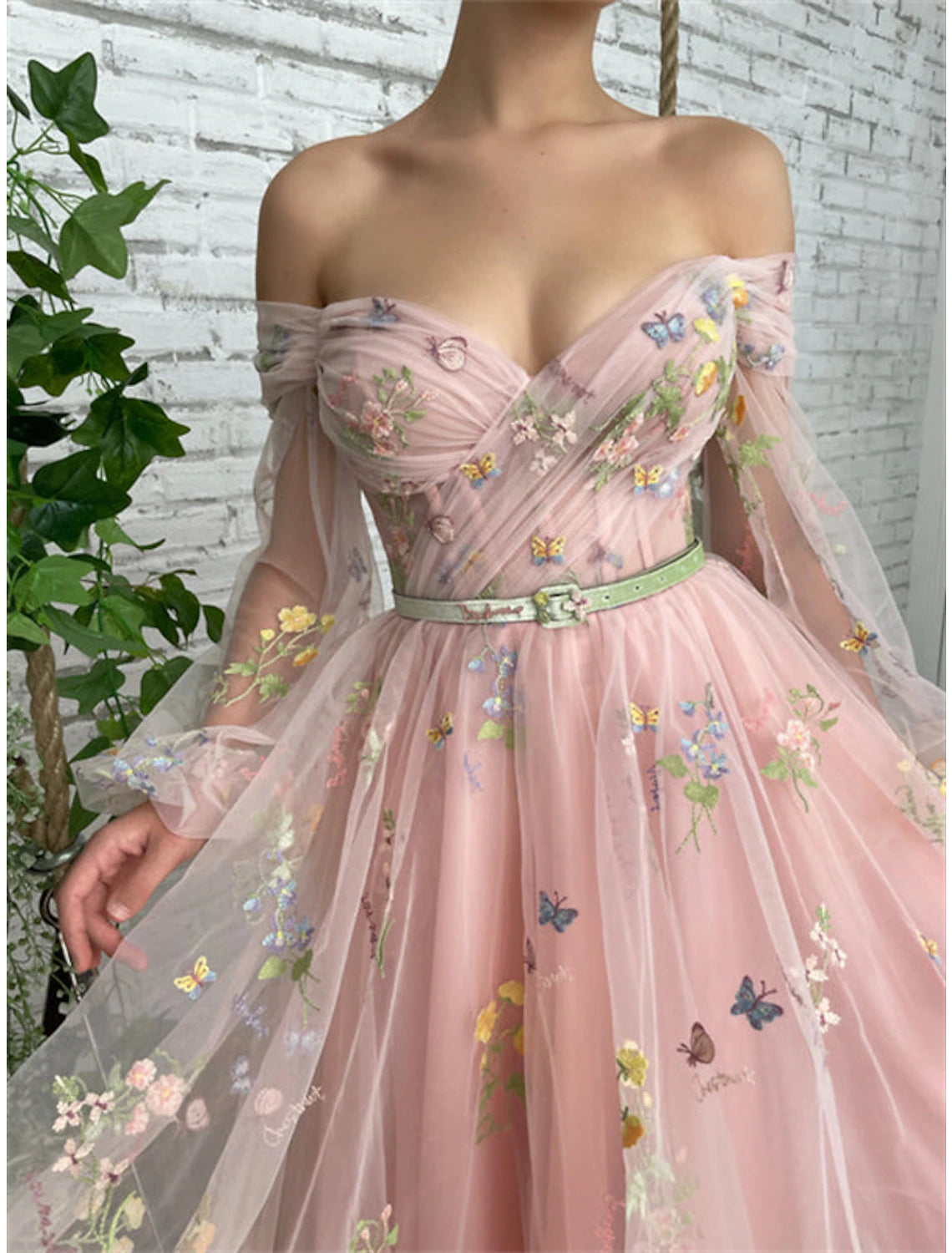 A-Line Prom Dresses Floral Dress Birthday Garden Party Ankle Length Long Sleeve Off Shoulder Fall Wedding Guest Lace with Embroidery Appliques