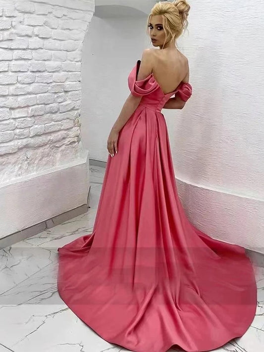 A-Line/Princess Satin Ruffles Off-the-Shoulder Sleeveless Sweep/Brush Train Dresses