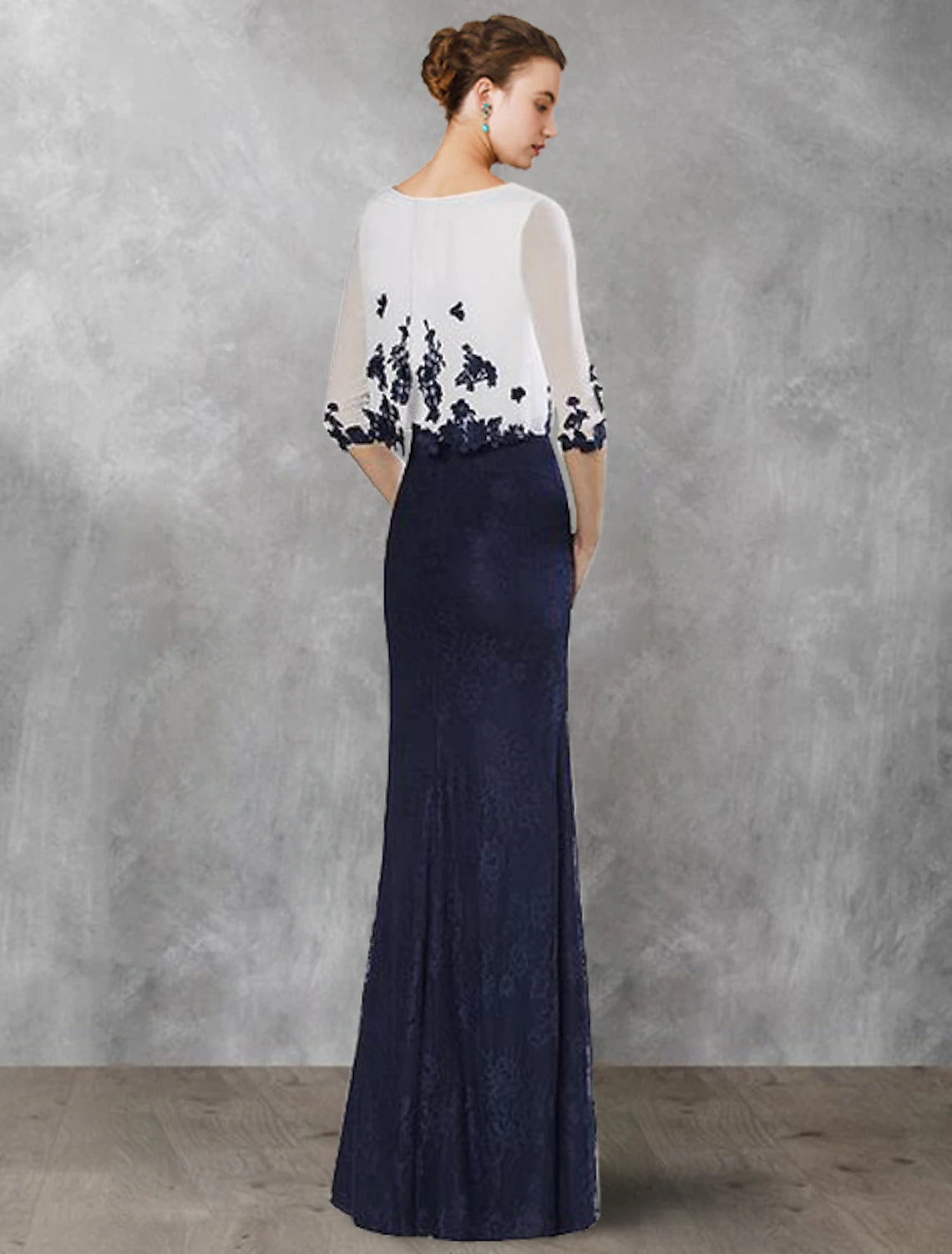 Two Piece Sheath / Column Mother of the Bride Dress Wedding Guest Vintage Elegant Jewel Neck Floor Length Chiffon Lace Half Sleeve with Appliques Color Block