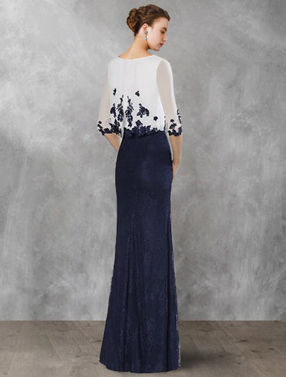 Two Piece Sheath / Column Mother of the Bride Dress Wedding Guest Vintage Elegant Jewel Neck Floor Length Chiffon Lace Half Sleeve with Appliques Color Block