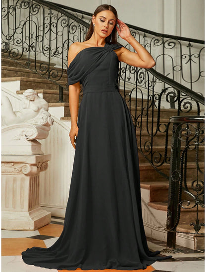 A-Line Evening Gown Elegant Dress Formal Fall Sweep / Brush Train Short Sleeve One Shoulder Stretch Fabric with Pleats Ruched